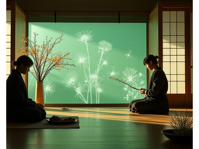 伝統的な生け花と現代的なデジタルデバイスが共存する未来的な学習空間