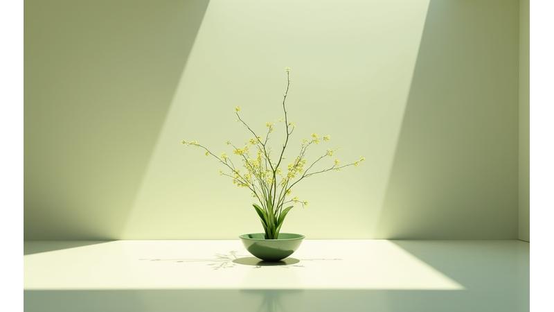 生け花が配置された禅様式の空間で瞑想する人物