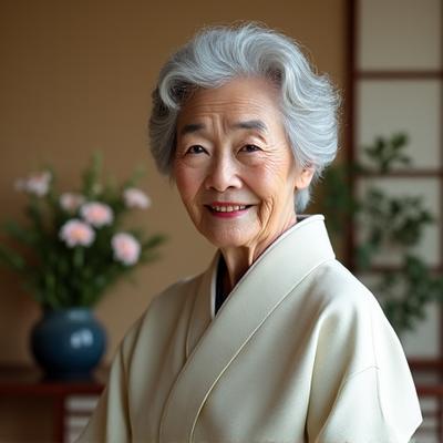 伝統的な着物を着た華道の師範