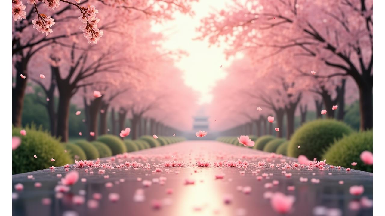 桜の花びらが舞う中、オンライン学習プラットフォームのロゴが浮かんでいる、穏やかな日本の風景
