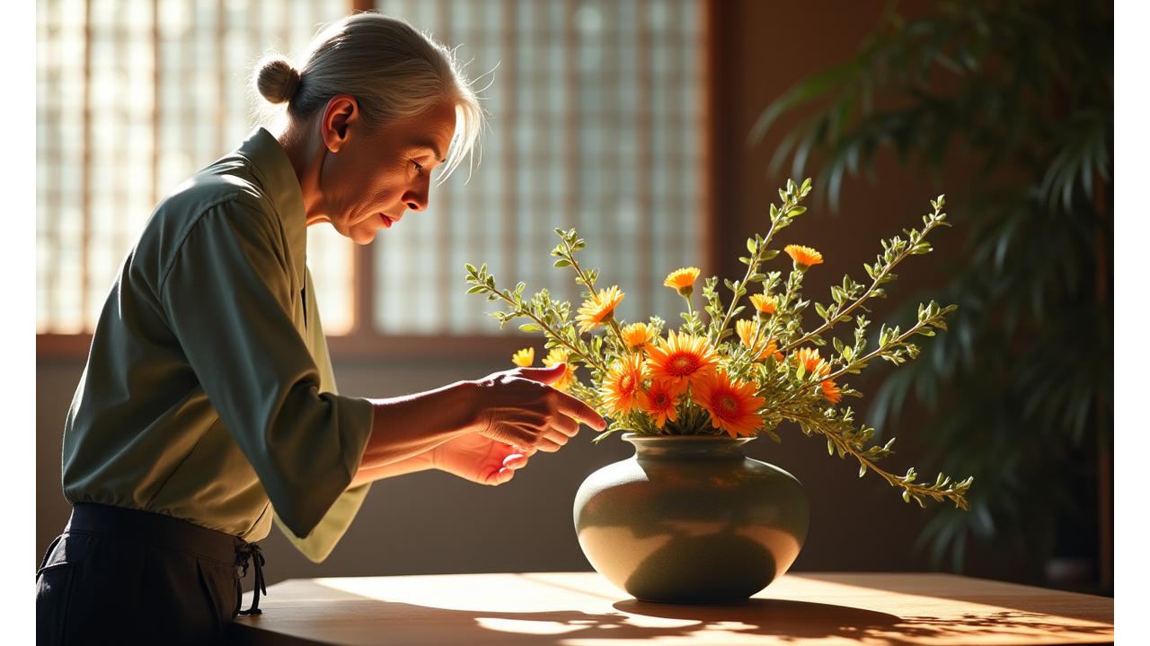 熟練された日本の華道家が精巧な花器に生け花を配置している指導風景