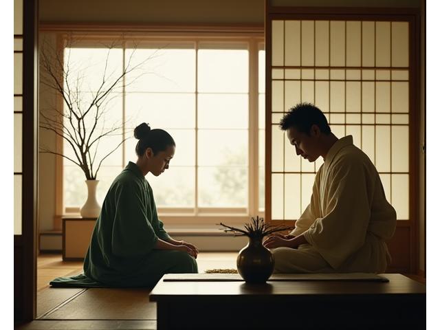 厳かな茶室で、着物を着た華道家が静かに生け花を行なっている