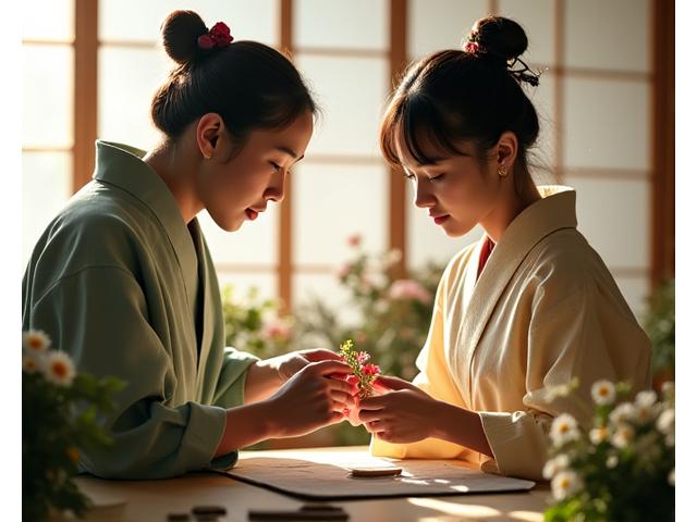 若い華道家がベテランの師範から個別に指導を受けている静かな教室の風景