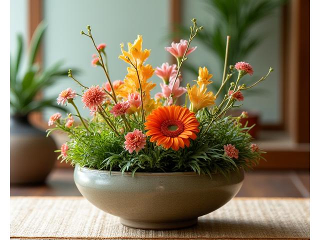多種多様な季節の花材が散りばめられた中間レベルの華道作品が展示されている