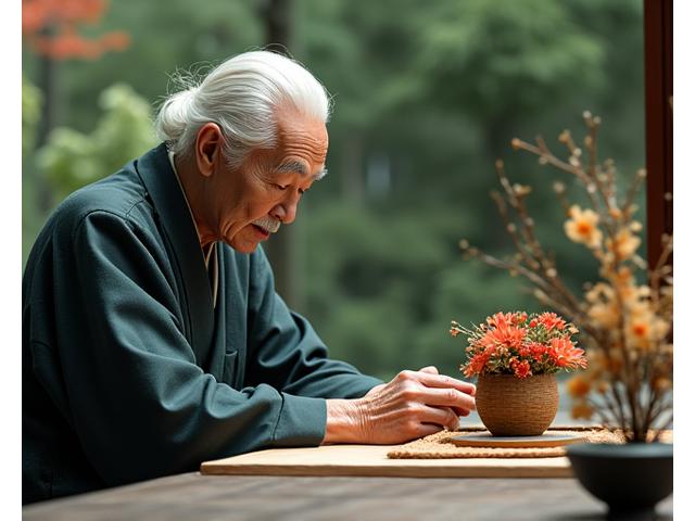 枯山水庭園にある瞑想的な空間で、高齢の師範が弟子に華道の奥義を伝えている瞬間