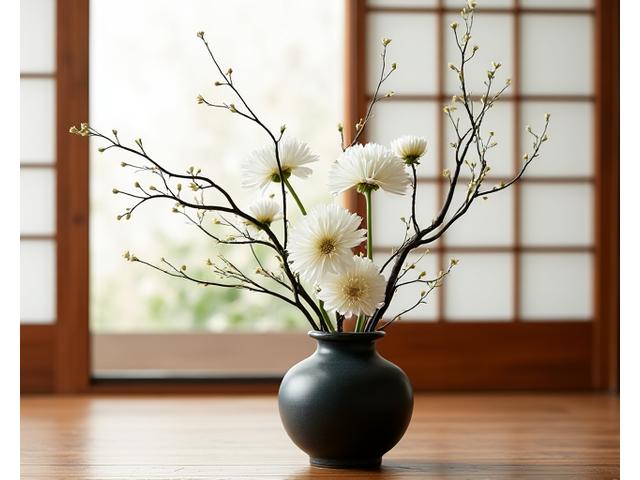 木製の床に置かれた伝統的な生け花の花瓶に入った、たおやかな枝と白い菊の生け花。背景には柔らかな光が差し込む障子がある。