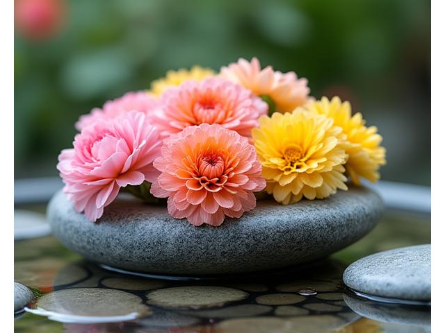 水盤に生けられた小石と複数の色のカーネーションによる創造的な生け花。