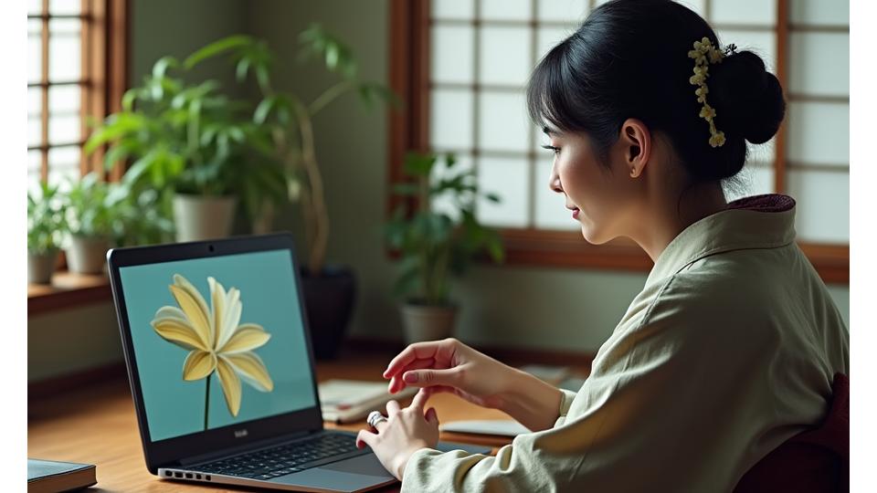 日本の伝統的な着物を着た華道家が、パソコン越しに生徒の作品画像を注意深く観察し、繊細な手のジェスチャーでアドバイスをしている様子。