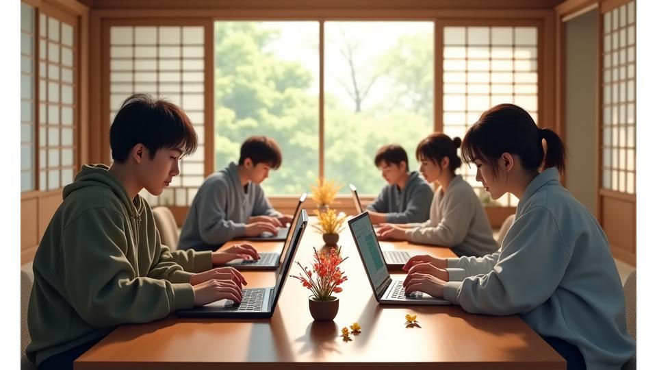 和室の畳に置かれた茶色の木製のテーブルの上で、数人の生徒がラップトップやタブレットを使ってオンラインフォーラムに参加している様子。テーブルには、繊細な生け花作品がいくつか飾られており、活気あるコミュニケーションと日本の伝統美が融合する雰囲気を醸し出している。