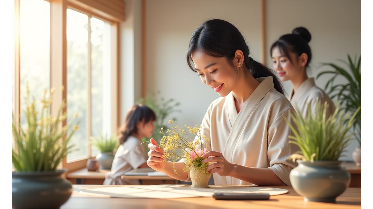 日本の伝統的な生け花の教室で、生徒と先生が笑顔で交流している様子。温かい光が差し込み、穏やかな雰囲気を醸し出している。
