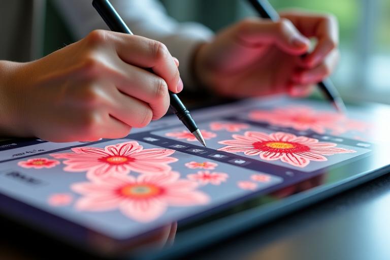 伝統的な華道模様をデジタルでカスタマイズしているグラフィックタブレットとスタイラスの手