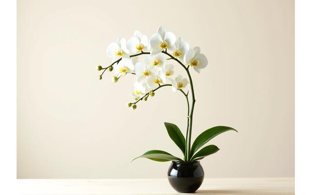 シンプルでエレガントな生け花初心者向け作品。白い花と緑の葉が美しいバランスで配置されている。