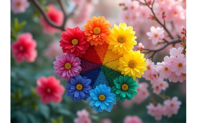 日本庭園の色彩豊かな花々を使った色彩理論のグラフィック。鮮やかな赤、青、黄色が調和している。