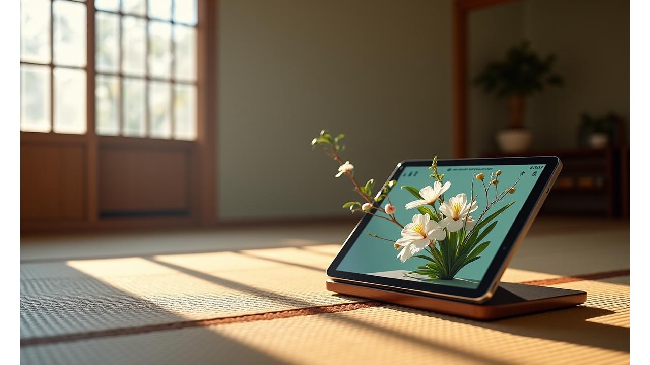 美しい生け花作品が並ぶ和室の背景。手前にはタブレットでオンライン学習する生徒の手元が見える。伝統とテクノロジーの融合を表現。