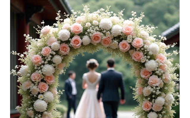 伝統的な日本庭園での結婚式を彩る華麗な生け花ウェディング装飾。