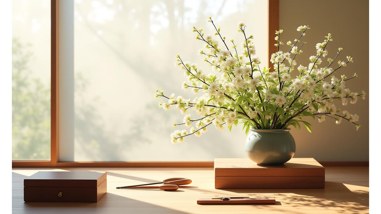 活けられた桜の枝と伝統的な花器が並べられた、日当たりの良い和室の床の間