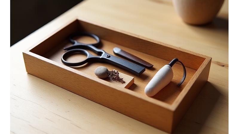 木製の道具箱に整然と並べられた伝統的な日本の華道道具（ハサミ、剣山、水差しなど）