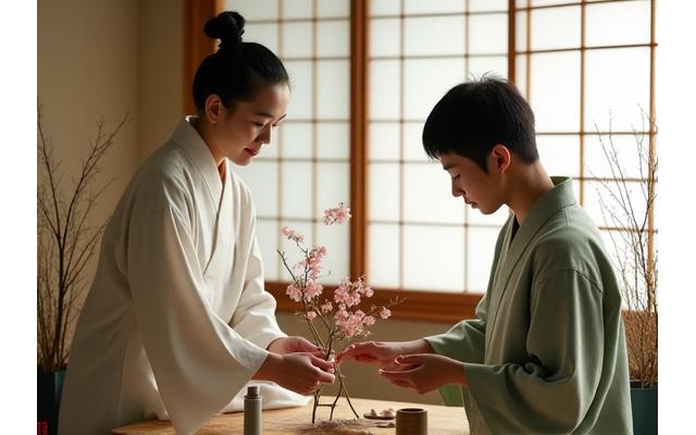 日本の禅庭園の中で、華道の教えを伝える経験豊富な講師と、熱心に学ぶ生徒たち。
