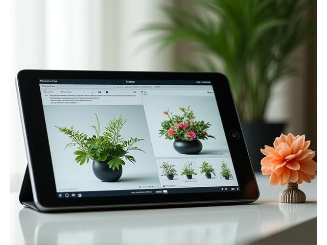 洗練されたデジタルポートフォリオがタブレット画面に表示され、その隣には美しい華道作品が並べられている。