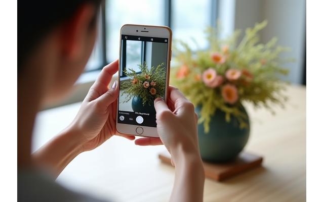 スマートフォンで華道作品を撮影している女性。最適な添削のための写真撮影ガイドラインを示唆。