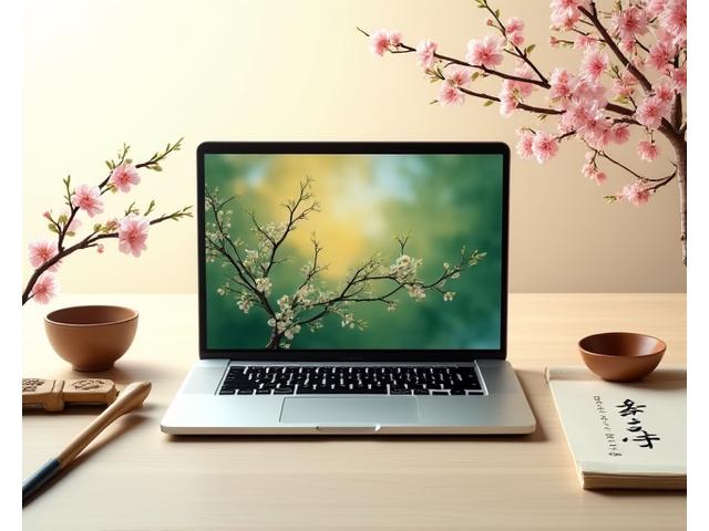 日本の文化要素と現代のオンライン教育インターフェースを融合した美しい学習環境。開かれたノートパソコンと桜の小枝、筆が描かれている。