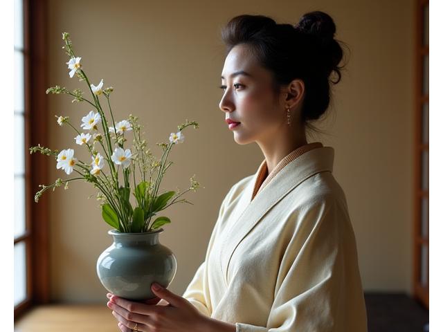 生け花作品の前で優雅なポーズをとる日本人華道マスター