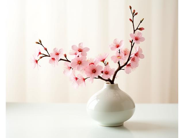 美しい桜の枝と他の花々を使って作られた季節の生け花